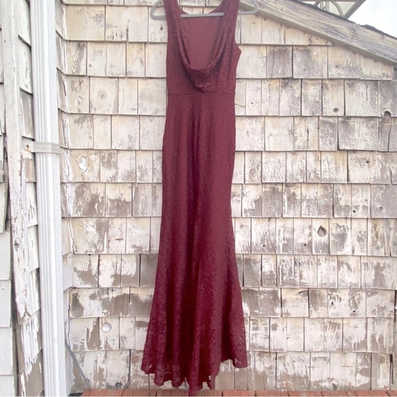 Lulus Cowl Back Lace Burgundy Maxi Gown - Picture 6 of 8